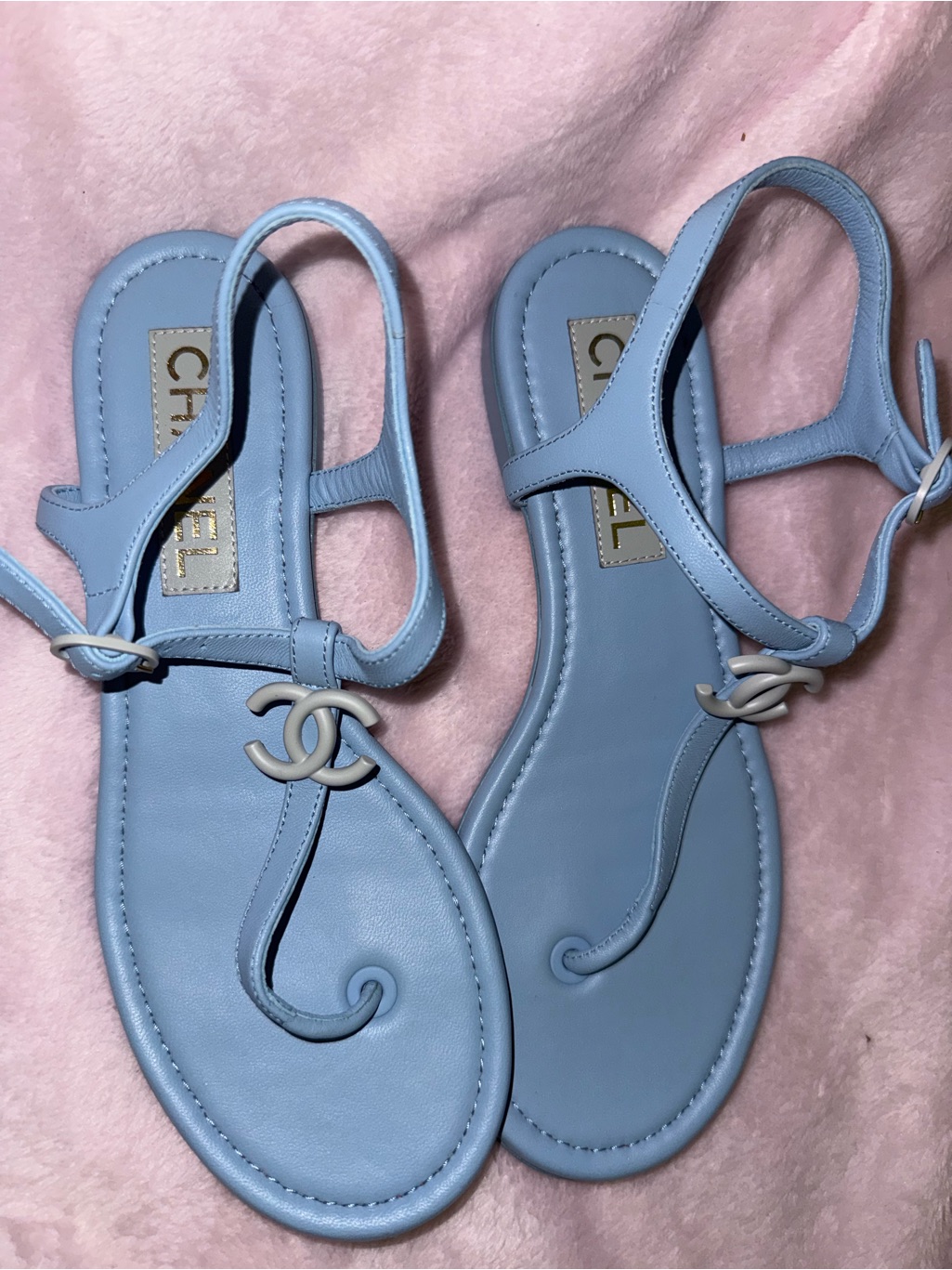 Chanel Powder Blue Leather Cc T-Strap Sandals 37.5 Size